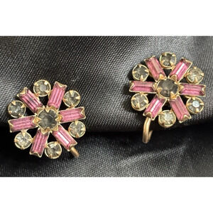 Vintage B + N Bugbee Niles Rhinestones Screw Back Earrings BN 1/20 12K G .60"